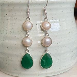 Emerald & Pearl Dangle Earrings in sterling silver